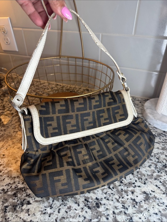 Fendi Handbags - Fendi Zucca Baguette FF Logo Shoulder Bag in Brown and Cream